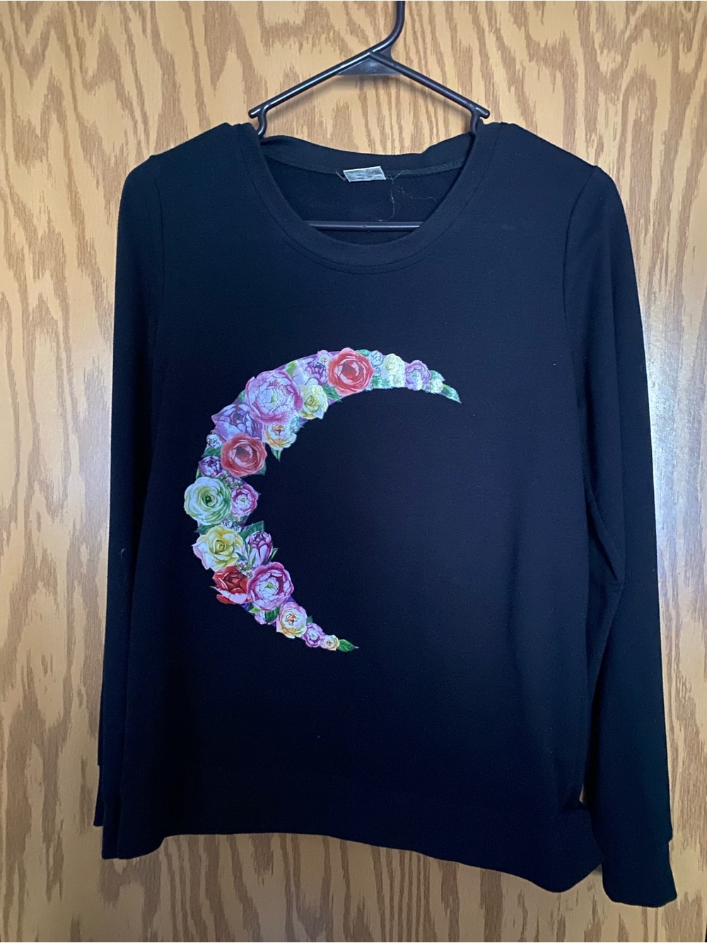 Zyia Active Floral Crescent Moon Black Crewneck Sweatshirt